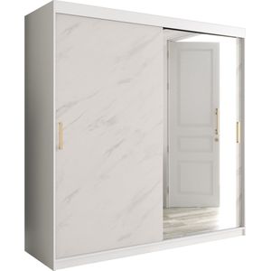 InspireMe - Kledingkast met 2 schuifdeuren, Modern-stijl, Een kledingkast met planken en een spiegel (BxHxD): 200x200x62 - MARMORO T2 200 Wit Marmer met 4 lades