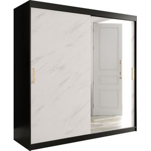 InspireMe - Kledingkast met 2 schuifdeuren, Modern-stijl, Een kledingkast met planken en een spiegel (BxHxD): 200x200x62 - MARMORO T2 200 Zwart Mat + Wit Marmer met 4 lades