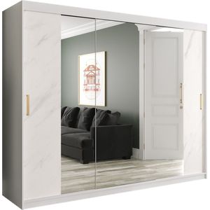 InspireMe - Kledingkast met 3 schuifdeuren, Modern-stijl, Een kledingkast met planken en een spiegel (BxHxD): 250x200x62 - MARMORO T2 250 Wit Marmer met 4 lades