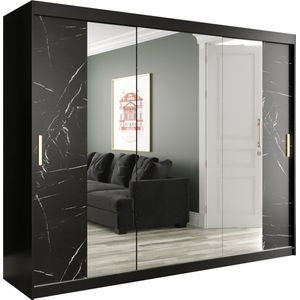 InspireMe - Kledingkast met 3 schuifdeuren, Modern-stijl, Een kledingkast met planken en een spiegel (BxHxD): 250x200x62 - MARMORO T2 250 Zwart Marmer met 4 lades