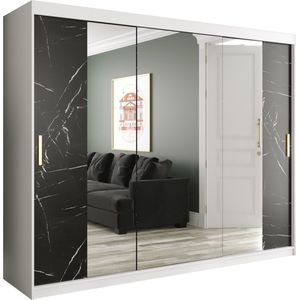 InspireMe - Kledingkast met 3 schuifdeuren, Modern-stijl, Een kledingkast met planken en een spiegel (BxHxD): 250x200x62 - MARMORO T2 250 Wit Mat + Zwart Marmer met 4 lades
