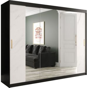 InspireMe - Kledingkast met 3 schuifdeuren, Modern-stijl, Een kledingkast met planken en een spiegel (BxHxD): 250x200x62 - MARMORO T2 250 Zwart Mat + Wit Marmer met 4 lades