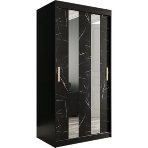 InspireMe - Kledingkast met 2 schuifdeuren, Modern-stijl, Een kledingkast met planken en een spiegel (BxHxD): 100x200x62 - MARMORO POLE 100 Zwart Marmer met 2 lades