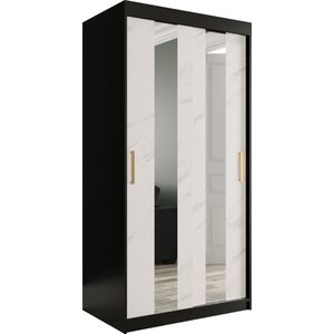InspireMe - Kledingkast met 2 schuifdeuren, Modern-stijl, Een kledingkast met planken en een spiegel (BxHxD): 100x200x62 - MARMORO POLE 100 Zwart Mat + Wit Marmer met 2 lades