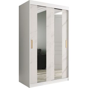 InspireMe - Kledingkast met 2 schuifdeuren, Modern-stijl, Een kledingkast met planken en een spiegel (BxHxD): 120x200x62 - MARMORO POLE 120 Wit Marmer met 2 lades