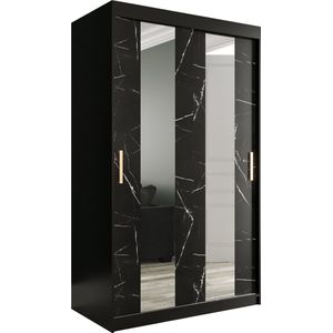 InspireMe - Kledingkast met 2 schuifdeuren, Modern-stijl, Een kledingkast met planken en een spiegel (BxHxD): 120x200x62 - MARMORO POLE 120 Zwart Marmer met 2 lades