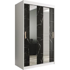 InspireMe - Kledingkast met 2 schuifdeuren, Modern-stijl, Een kledingkast met planken en een spiegel (BxHxD): 120x200x62 - MARMORO POLE 120 Wit Mat + Zwart Marmer met 2 lades