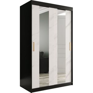 InspireMe - Kledingkast met 2 schuifdeuren, Modern-stijl, Een kledingkast met planken en een spiegel (BxHxD): 120x200x62 - MARMORO POLE 120 Zwart Mat + Wit Marmer met 2 lades