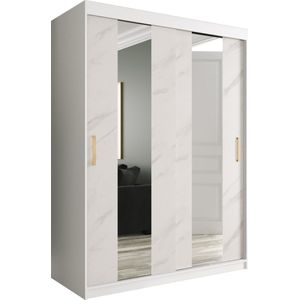 InspireMe - Kledingkast met 2 schuifdeuren, Modern-stijl, Een kledingkast met planken en een spiegel (BxHxD): 150x200x62 - MARMORO POLE 150 Wit Marmer met 2 lades