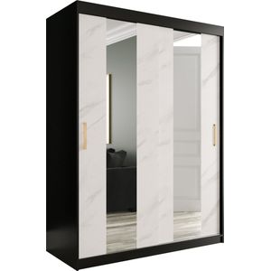 InspireMe - Kledingkast met 2 schuifdeuren, Modern-stijl, Een kledingkast met planken en een spiegel (BxHxD): 150x200x62 - MARMORO POLE 150 Zwart Mat + Wit Marmer met 2 lades