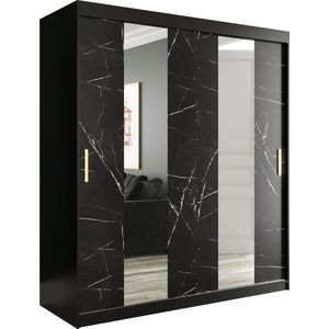 InspireMe - Kledingkast met 2 schuifdeuren, Modern-stijl, Een kledingkast met planken en een spiegel (BxHxD): 180x200x62 - MARMORO POLE 180 Zwart Marmer met 4 lades