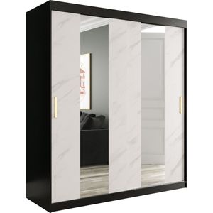 InspireMe - Kledingkast met 2 schuifdeuren, Modern-stijl, Een kledingkast met planken en een spiegel (BxHxD): 180x200x62 - MARMORO POLE 180 Zwart Mat + Wit Marmer met 4 lades