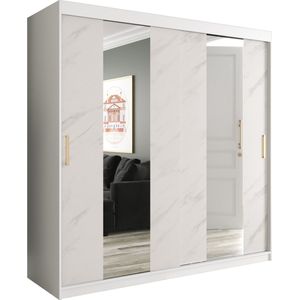 InspireMe - Kledingkast met 2 schuifdeuren, Modern-stijl, Een kledingkast met planken en een spiegel (BxHxD): 200x200x62 - MARMORO POLE 200 Wit Marmer met 4 lades