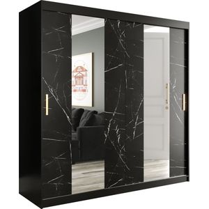 InspireMe - Kledingkast met 2 schuifdeuren, Modern-stijl, Een kledingkast met planken en een spiegel (BxHxD): 200x200x62 - MARMORO POLE 200 Zwart Marmer met 4 lades