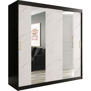 InspireMe - Kledingkast met 2 schuifdeuren, Modern-stijl, Een kledingkast met planken en een spiegel (BxHxD): 200x200x62 - MARMORO POLE 200 Zwart Mat + Wit Marmer met 4 lades
