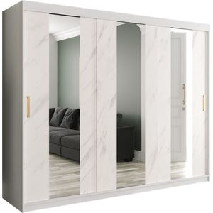 InspireMe - Kledingkast met 3 schuifdeuren, Modern-stijl, Een kledingkast met planken en een spiegel (BxHxD): 250x200x62 - MARMORO POLE 250 Wit Marmer met 4 lades