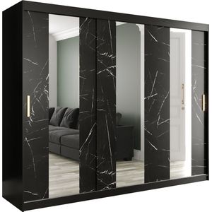 InspireMe - Kledingkast met 3 schuifdeuren, Modern-stijl, Een kledingkast met planken en een spiegel (BxHxD): 250x200x62 - MARMORO POLE 250 Zwart Marmer met 4 lades