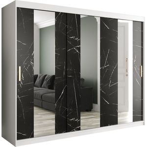 InspireMe - Kledingkast met 3 schuifdeuren, Modern-stijl, Een kledingkast met planken en een spiegel (BxHxD): 250x200x62 - MARMORO POLE 250 Wit Mat + Zwart Marmer met 4 lades