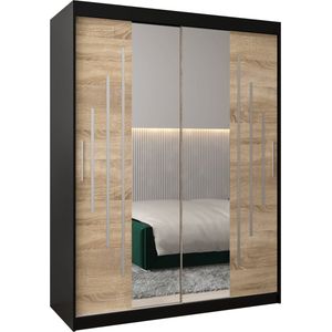 InspireMe - Kledingkast met 2 schuifdeuren, Modern-stijl, Een kledingkast met planken en een spiegel (BxHxD): 150x200x62 - MALTESE I 150 Zwart Mat + Sonoma Eik met 2 lades