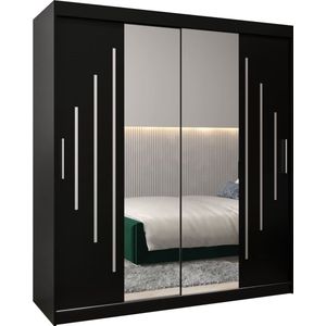 InspireMe - Kledingkast met 2 schuifdeuren, Modern-stijl, Een kledingkast met planken en een spiegel (BxHxD): 180x200x62 - MALTESE I 180 Zwart Mat met 4 lades