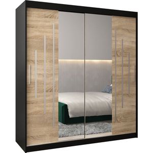 InspireMe - Kledingkast met 2 schuifdeuren, Modern-stijl, Een kledingkast met planken en een spiegel (BxHxD): 180x200x62 - MALTESE I 180 Zwart Mat + Sonoma Eik met 4 lades