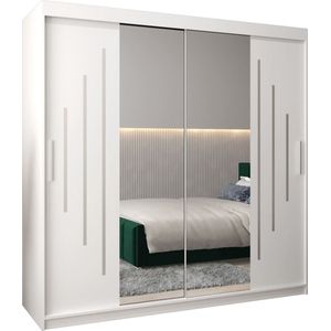 InspireMe - Kledingkast met 2 schuifdeuren, Modern-stijl, Een kledingkast met planken en een spiegel (BxHxD): 200x200x62 - MALTESE I 200 Wit Mat met 4 lades