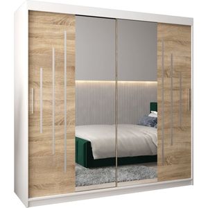 InspireMe - Kledingkast met 2 schuifdeuren, Modern-stijl, Een kledingkast met planken en een spiegel (BxHxD): 200x200x62 - MALTESE I 200 Wit Mat + Sonoma Eik met 4 lades