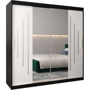 InspireMe - Kledingkast met 2 schuifdeuren, Modern-stijl, Een kledingkast met planken en een spiegel (BxHxD): 200x200x62 - MALTESE I 200 Zwart Mat + Wit Mat met 4 lades