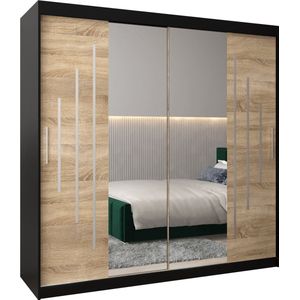 InspireMe - Kledingkast met 2 schuifdeuren, Modern-stijl, Een kledingkast met planken en een spiegel (BxHxD): 200x200x62 - MALTESE I 200 Zwart Mat + Sonoma Eik met 4 lades