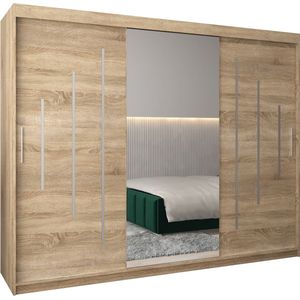 InspireMe - Kledingkast met 3 schuifdeuren, Modern-stijl, Een kledingkast met planken en een spiegel (BxHxD): 250x200x62 - MALTESE I 250 Sonoma Eik met 4 lades