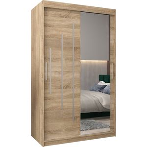 InspireMe - Kledingkast met 2 schuifdeuren, Modern-stijl, Een kledingkast met planken en een spiegel (BxHxD): 120x200x62 - MALTESE II 120 Sonoma Eik met 2 lades