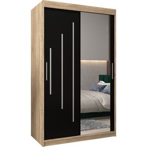 InspireMe - Kledingkast met 2 schuifdeuren, Modern-stijl, Een kledingkast met planken en een spiegel (BxHxD): 120x200x62 - MALTESE II 120 Sonoma Eik + Zwart Mat met 2 lades
