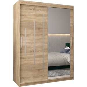 InspireMe - Kledingkast met 2 schuifdeuren, Modern-stijl, Een kledingkast met planken en een spiegel (BxHxD): 150x200x62 - MALTESE II 150 Sonoma Eik met 2 lades