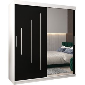 InspireMe - Kledingkast met 2 schuifdeuren, Modern-stijl, Een kledingkast met planken en een spiegel (BxHxD): 180x200x62 - MALTESE II 180 Wit Mat + Zwart met 4 lades