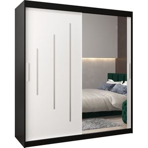 InspireMe - Kledingkast met 2 schuifdeuren, Modern-stijl, Een kledingkast met planken en een spiegel (BxHxD): 180x200x62 - MALTESE II 180 Zwart Mat + Wit Mat met 4 lades