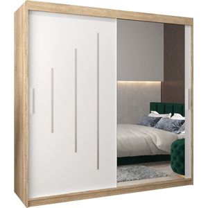 InspireMe - Kledingkast met 2 schuifdeuren, Modern-stijl, Een kledingkast met planken en een spiegel (BxHxD): 200x200x62 - MALTESE II 200 Sonoma Eik + Wit Mat met 4 lades