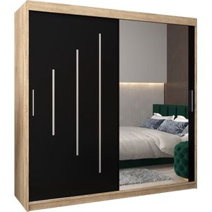 InspireMe - Kledingkast met 2 schuifdeuren, Modern-stijl, Een kledingkast met planken en een spiegel (BxHxD): 200x200x62 - MALTESE II 200 Sonoma Eik + Zwart Mat met 4 lades