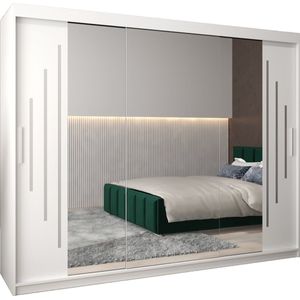InspireMe - Kledingkast met 3 schuifdeuren, Modern-stijl, Een kledingkast met planken en een spiegel (BxHxD): 250x200x62 - MALTESE II 250 Wit Mat met 4 lades