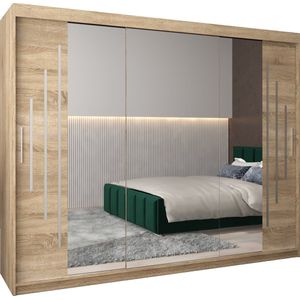 InspireMe - Kledingkast met 3 schuifdeuren, Modern-stijl, Een kledingkast met planken en een spiegel (BxHxD): 250x200x62 - MALTESE II 250 Sonoma Eik met 4 lades