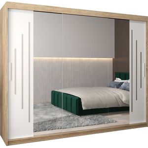 InspireMe - Kledingkast met 3 schuifdeuren, Modern-stijl, Een kledingkast met planken en een spiegel (BxHxD): 250x200x62 - MALTESE II 250 Sonoma Eik + Wit Mat met 4 lades