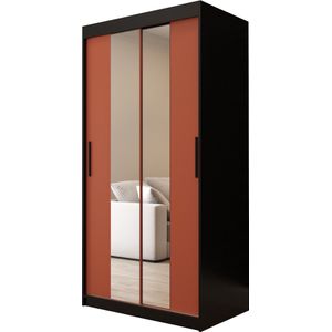 InspireMe - Kledingkast met 2 schuifdeuren, Modern-stijl, Een kledingkast met planken en een spiegel (BxHxD): 100x200x62 - PASTEL T1 100 Zwart Mat + Salsa met 2 lades
