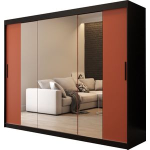 InspireMe - Kledingkast met 3 schuifdeuren, Modern-stijl, Een kledingkast met planken en een spiegel (BxHxD): 250x200x62 - PASTEL T2 250 Zwart Mat + Salsa met 4 lades