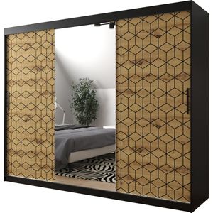 InspireMe - Kledingkast met 3 schuifdeuren, Modern-stijl, Een kledingkast met planken en een spiegel (BxHxD): 250x200x62 - GIPS T2 250 Zwart Mat + Artisan Eik met 4 lades