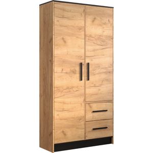 InspireMe- Kledingkast, Slaapkamer Kledingkast, Spiegel Kledingkast | 2 gesloten deuren en 2 lades | Kast met meerdere planken met ophangruimte (BxHxD): 103x202x40 cm ATLAM III 103 - Gouden Eik + Zwart