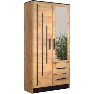 InspireMe- Kledingkast, Slaapkamer Kledingkast, Spiegel Kledingkast | 2 gesloten deuren en 2 lades | Kast met meerdere planken met ophangruimte (BxHxD): 103x202x40 cm ATLAM IV 103 - Gouden Eik + Zwart