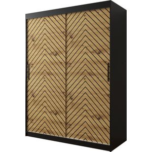 InspireMe - Kledingkast met 2 schuifdeuren, Modern-stijl, Een kledingkast met planken (BxHxD): 150x200x62 - LIMBA I 150 Zwart Mat + Artisan Eik