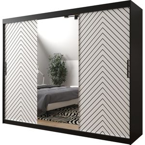 InspireMe - Kledingkast met 3 schuifdeuren, Modern-stijl, Een kledingkast met planken en een spiegel (BxHxD): 250x200x62 - LIMBA II 250 Zwart Mat + Wit Mat