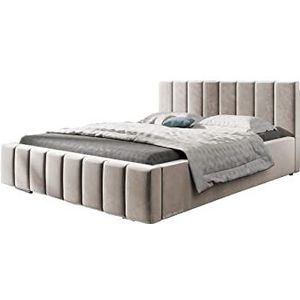 Tweepersoonsbed met fluwelen bekleding, met hoofdeinde, lattenbodem, bed voor volwassenen - BETT 01-160x200 - Light Beige (TRINITY 2)