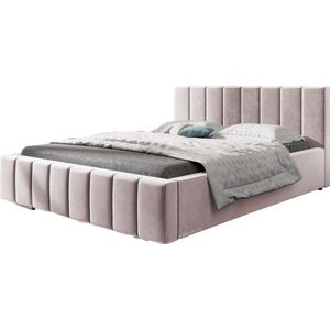 Tweepersoonsbed met fluwelen bekleding, met hoofdeinde, lattenbodem, bed voor volwassenen - BETT 01 - 160x200 - Lichtroze (TRINITY 19)