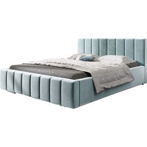 Tweepersoonsbed met fluwelen bekleding, met hoofdeinde, lattenbodem, bed voor volwassenen - BETT 01 - 160x200 - Lichtblauw (TRINITY 22)